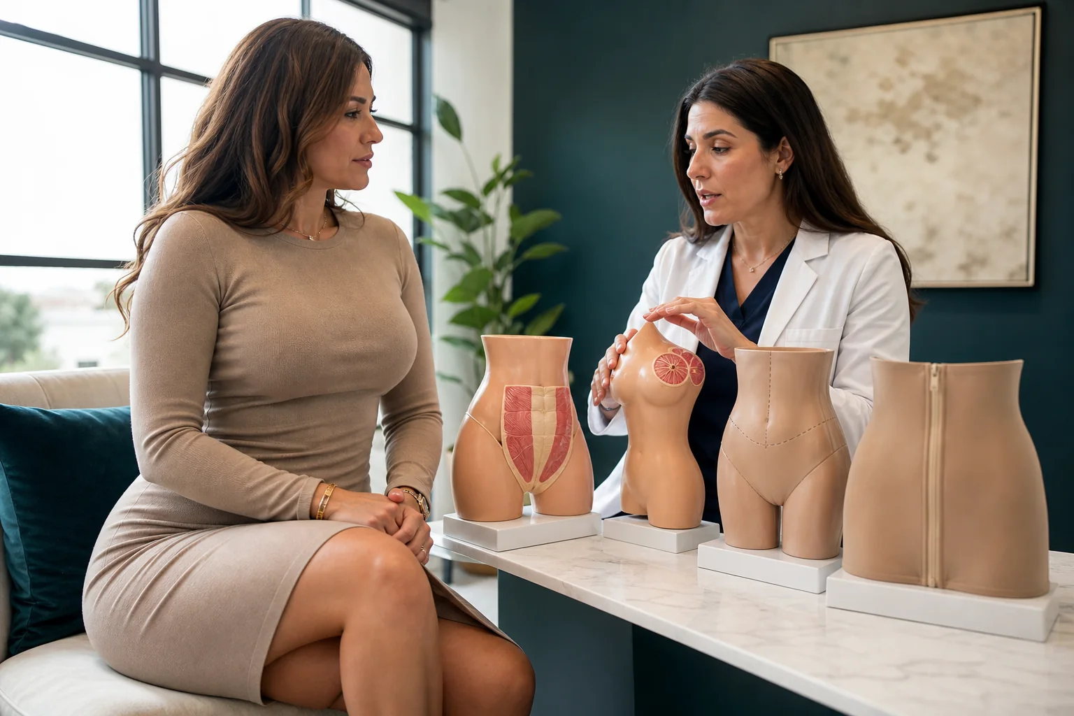 A woman reviewing the abdomen, breast, waist contour, and recovery elements included in a mommy makeover