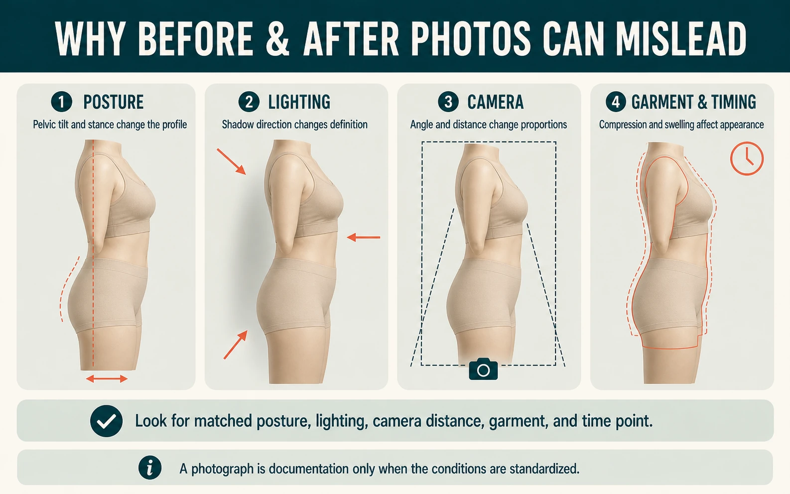 Schematic showing how posture, lighting, camera setup, garments, and timing can change the appearance of before-and-after photographs