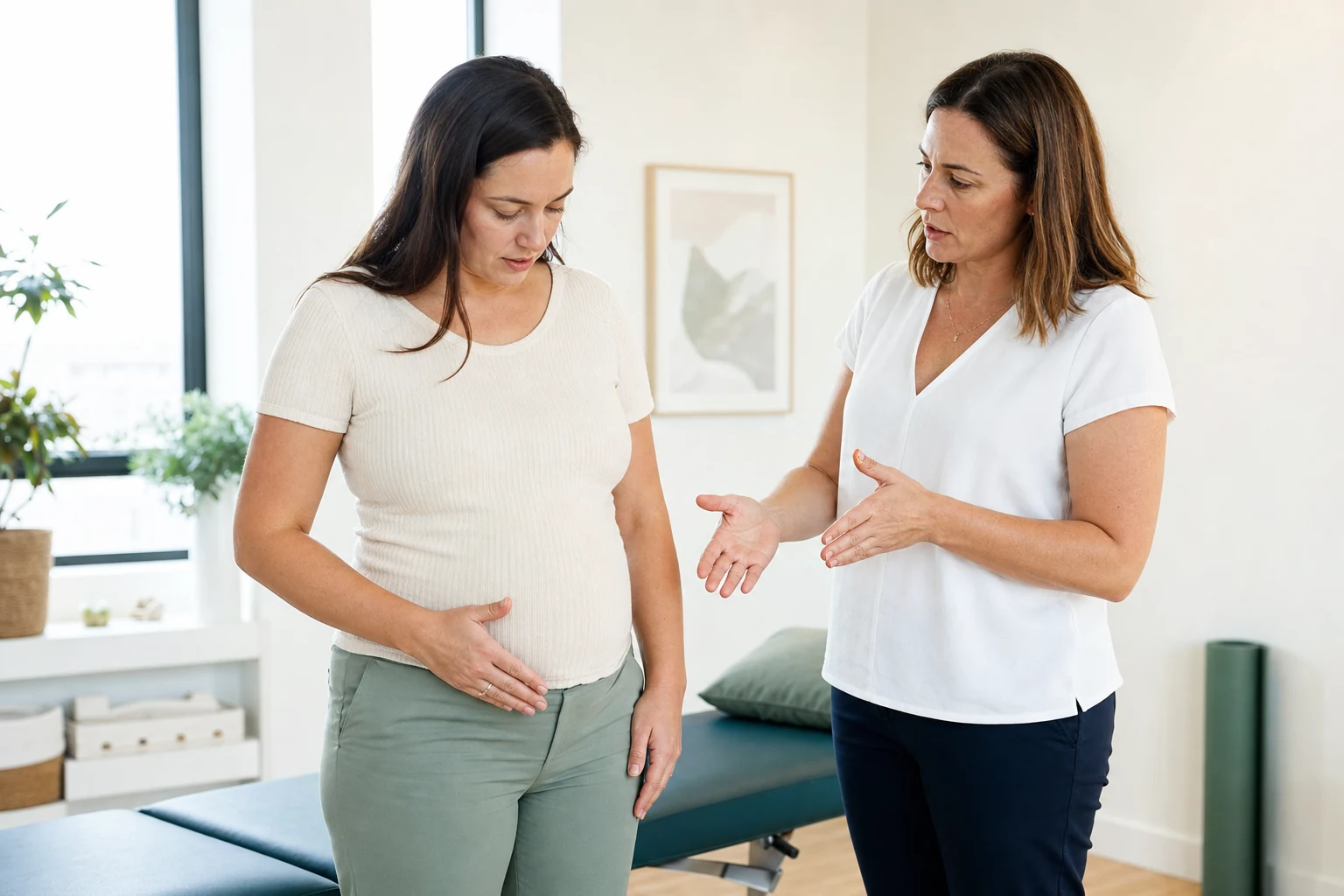 A postpartum woman discussing persistent lower-abdominal fullness and posture with a female physiotherapist in a bright consultation room