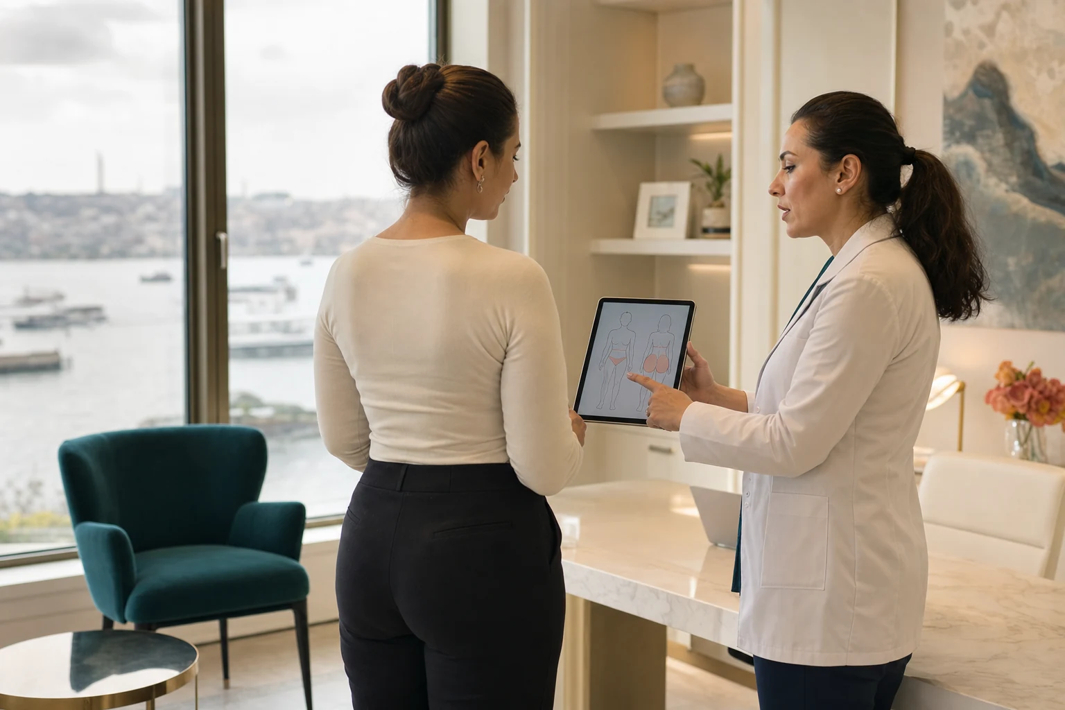 A fully clothed woman discussing waist and hip contour planning for a mommy makeover with BBL in an Istanbul consultation