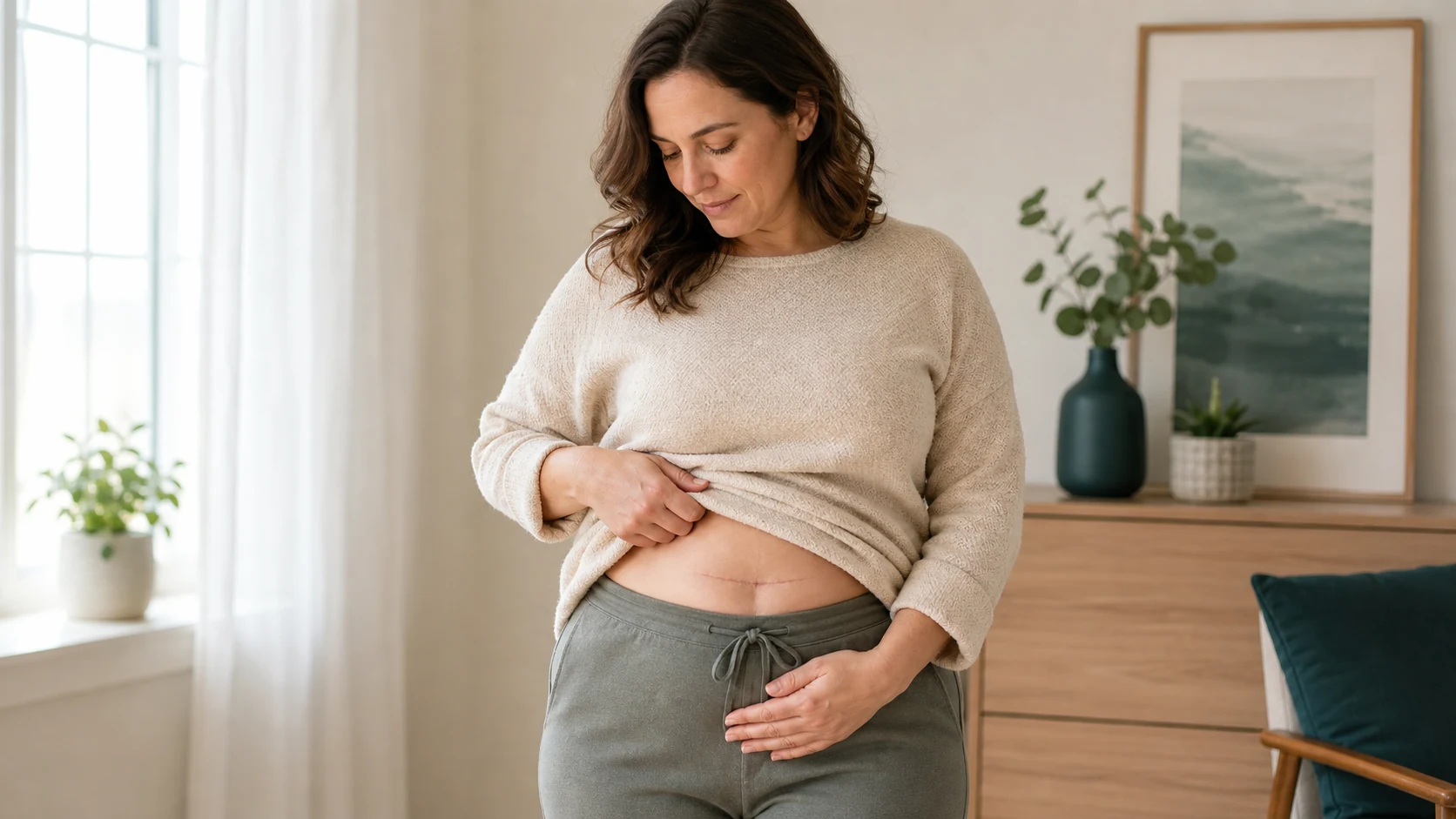 A postpartum woman gently resting her hand near a fully healed cesarean scar and natural lower-abdominal contour