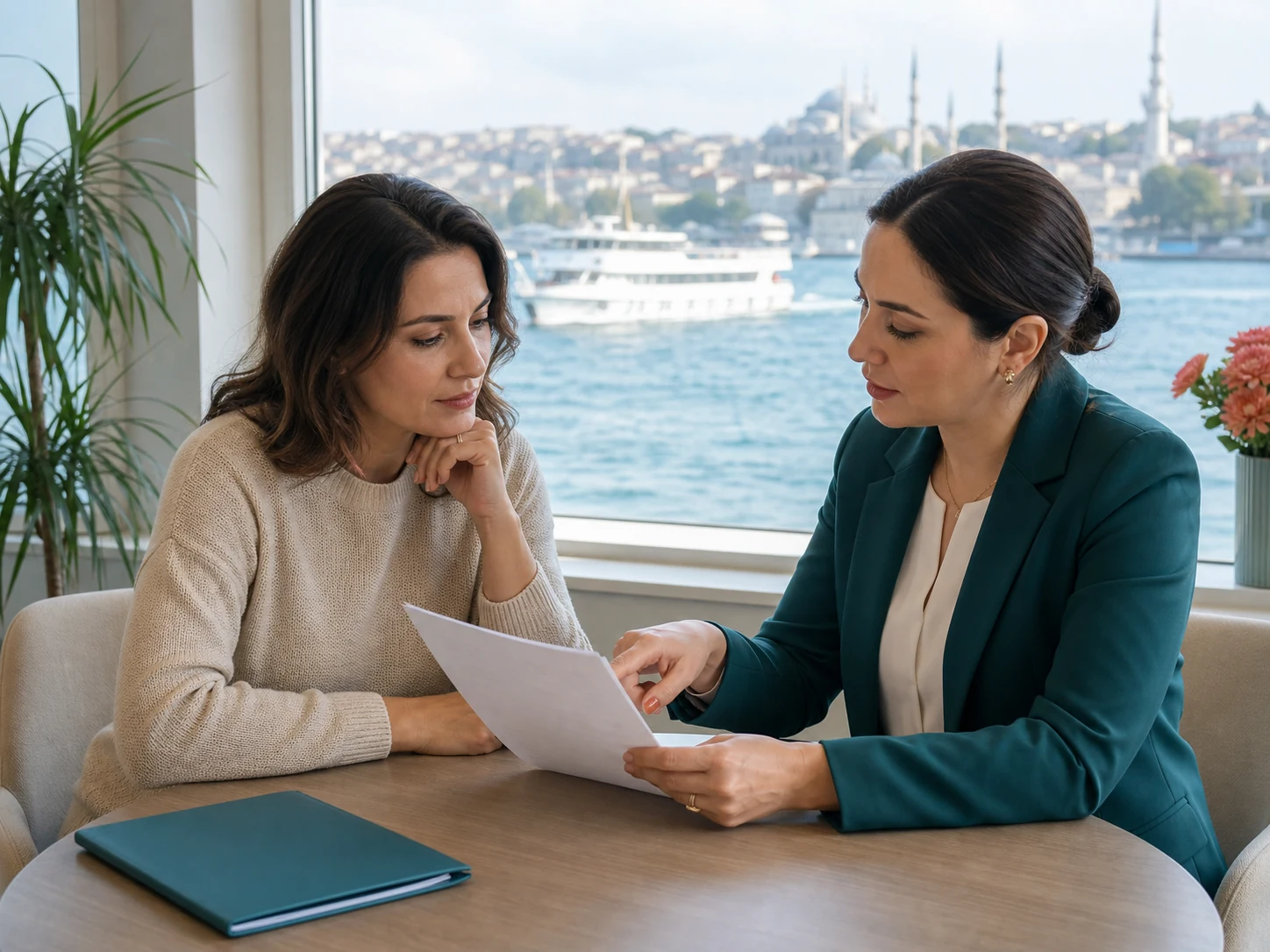 A mother reviewing an itemized mommy makeover estimate with a medical coordinator overlooking the Bosphorus in Istanbul